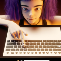 una chica guapisima  interactuando con  la pantalla del portatil  con la mano ejemplo de ia intermodal generativa